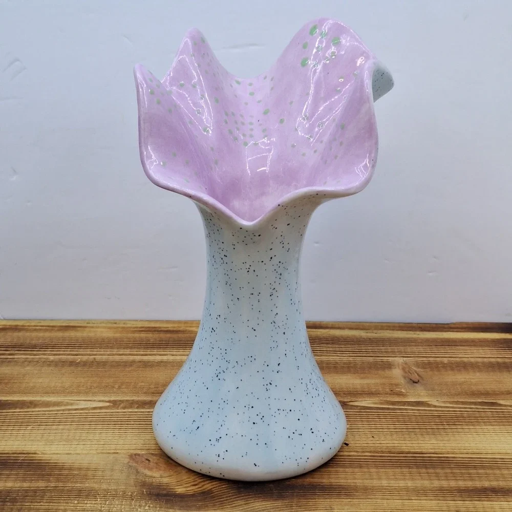 Art Ceramic Swung Vase‎ Artist Initials Speckled Grey  Pink Inside 8